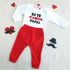 Conjunto Body Manga Longa Eu Te Amo Papai (Branco/Vermelho)