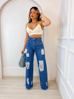 CALÇA JEANS WIDE LEG ESCURA DESTROYED-