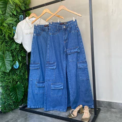 CALÇA JEANS WIDE LEG CARGO 4 BOLSO MARMORIZADA- na internet