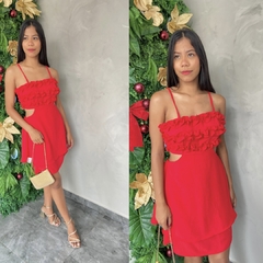 VESTIDO RECORTE, BABADO BUSTO-
