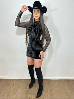 VESTIDO VELUDO GOLA STRASS MANGA EM TULE- - comprar online