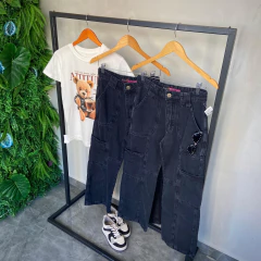 CALÇA JEANS WIDE LEG CARGO COSTURA FRENTE ESTONADA- - loja online