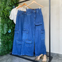 CALÇA JEANS WIDE LEG CARGO 4 BOLSO ESCURA- - loja online