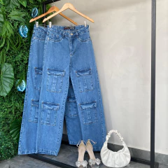 CALÇA JEANS WIDE LEG BOLSOS FRONTAL MEDIA- - Gringa Store