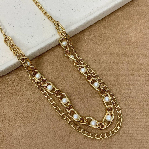 COLAR DUPLO CORRENTES E PEROLAS - comprar online