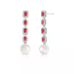 BRINCO PÊNDULO COM CRISTAIS GEOMÉTRICOS PÉROLA E ZIRCÔNIAS RUBI - comprar online