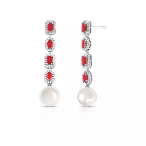 BRINCO PÊNDULO COM CRISTAIS GEOMÉTRICOS PÉROLA E ZIRCÔNIAS RUBI - comprar online