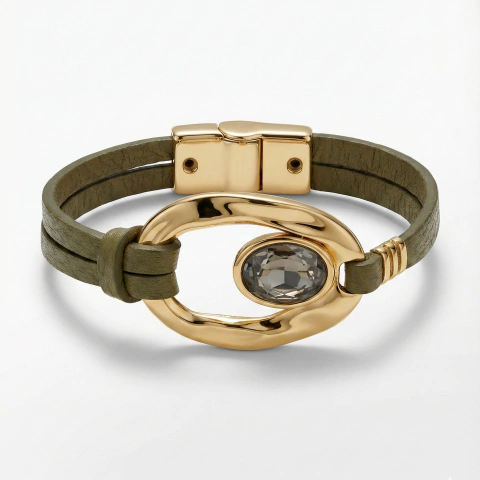 PULSEIRA COURO ELO ORGANICO E CRISTAL