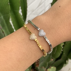 PULSEIRA REGULÁVEL QUADRADINHOS PINGENTE CORAÇÃO RÓDIO BRANCO