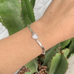 PULSEIRA REGULÁVEL QUADRADINHOS PINGENTE CORAÇÃO RÓDIO BRANCO - loja online