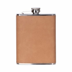 Petaca de metal 240 ml con funda de cuero marrón