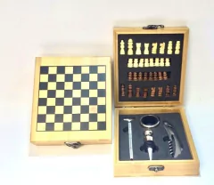 Set De Vino Ajedrez Madera Bambu 4 Piezas Regalo Ideal