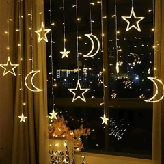 Cortina Estrellas Y Lunas Led Calido Navidad 3mts 8 Efectos