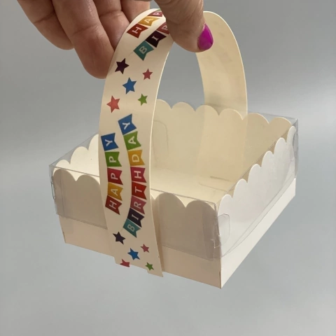 Mini Pack x 6 u CANASTITAS BANDERINES HAPPY BIRTHDAY (10x10x5 cm) CON tapa transparente