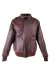 Jaqueta bomber A-2 de couro sheepskin marrom escuro, com bolsos frontais e punhos canelados.