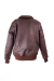 Jaqueta bomber A-2 de couro sheepskin marrom escuro, com bolsos frontais e punhos canelados.