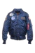 jaqueta bomber azul marinho com bolsos frontais e patches da NASA e das missões Apollo