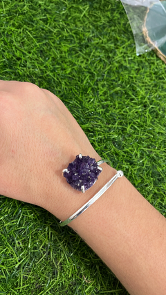 bracelete pedra única drusa de ametista, banho prata
