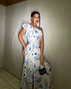 Vestido Assimétrico com Max Fenda - Estampa Azul (Veste 40/42) - Loja Girls Chick