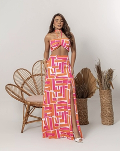 Conjunto Cropped + Saia Longa com Fenda - Estampa Coral (Veste 40/42) - comprar online
