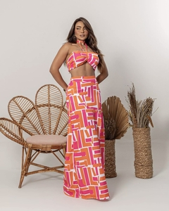 Conjunto Cropped + Saia Longa com Fenda - Estampa Coral (Veste 40/42) na internet