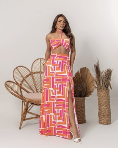 Conjunto Cropped + Saia Longa com Fenda - Estampa Coral (Veste 40/42) - loja online