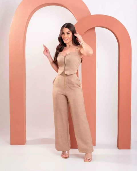 Conjunto Calça Pantalona + Cropped Zíper - Bege (Veste 38/40)