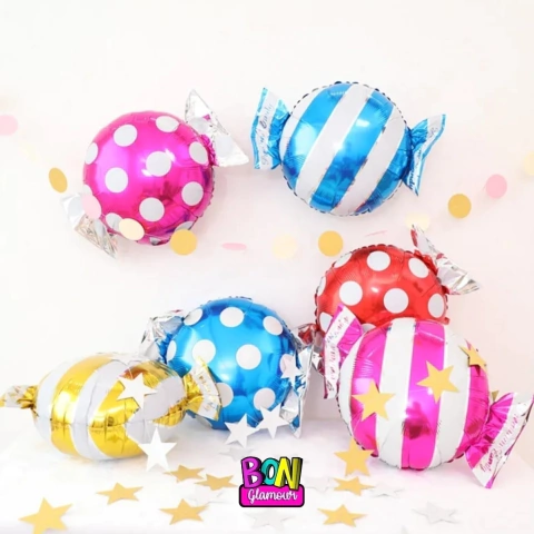 GLOBO METALIZADO FORMA CARAMELO RAYA 60X45CM