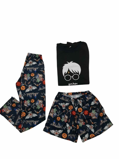 Pijama 3 en 1 Harry Potter Short + Remera negra + Pantalón Uno mas Uno