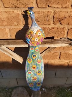 Imagem do Pavão Rústico Azul Unid Escultura em Madeira 65cm