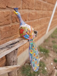 Pavão Rústico Azul Unid Escultura em Madeira 65cm - comprar online