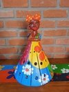 Boneca Luminária em Madeira 40cm Turbante Laranja Saia em Patchwork