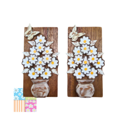 Imagem do Kit 2 Quadros Vaso de Flores Brancas e Borboleta Madeira 20x40cm
