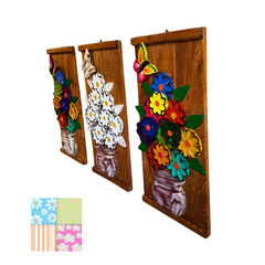Kit 3 Quadros Vaso de Flores e Borboletas 22x44cm - Porão da Arte - Lécio e Alcinéia