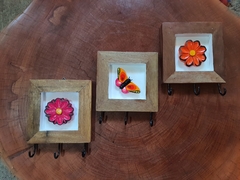 Kit 3 Porta-chaves Quadro de Borboleta e Flores 3 ganchos