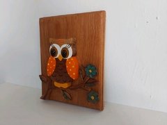 Quadro Coruja no Galho de Flores P Laranja - Porão da Arte - Lécio e Alcinéia