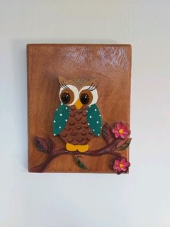 Imagem do Quadro Coruja no Galho de Flores P Azul Petróleo 