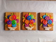 Kit 3 Quadros de flores em madeira 20x25cm