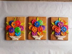 Kit 3 Quadros de flores em madeira 20x25cm - comprar online