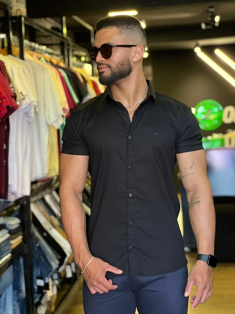 CAMISA SOCIAL ALL BLACK MANGA CURTA PRETA