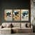 Trio de Quadros Decorativos Flores Azul com Dourado