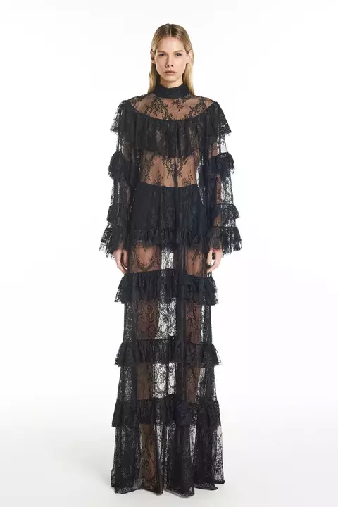 VESTIDO LONGO GOLA ALTA BABADOS RENDA PRETO TIG