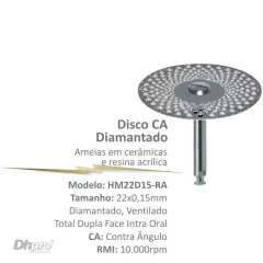 HM22D15-RA | Disco Diamantado Ventilado Total Dupla Face | C.A - para Peça de Contra Angulo - Intra Oral.