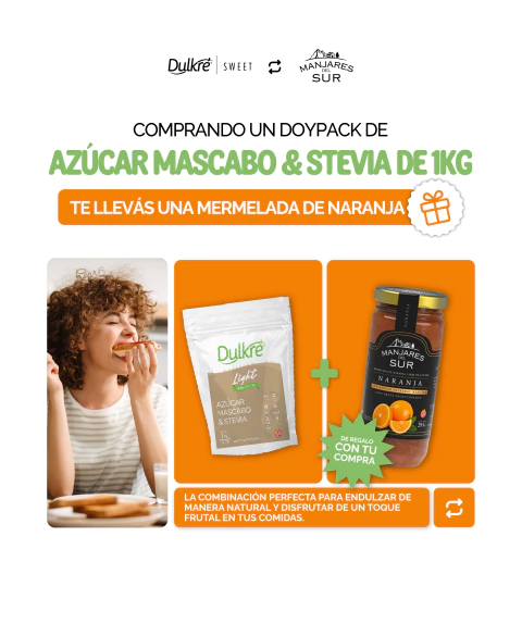 Dulkré Light 1kg - Azucar, Mascabo & Stevia + Mermelada de Naranja de 295grs gratis