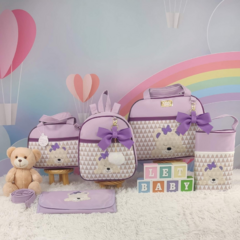 KIT BOLSA MATERNIDADE 5 PEÇAS URSO CHEVRON LILÁS