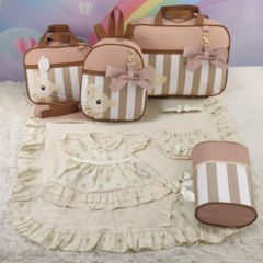 KIT BOLSA MATERNIDADE DE 5 PEÇAS URSO LISTRADO NUDE + SAÍDA MATERNIDADE - loja online