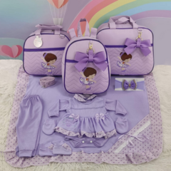 KIT BOLSA MATERNIDADE 3 PEÇAS BAILARINA LILÁS + SAIDA MATERNIDADE MENINA