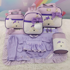 KIT BOLSA MATERNIDADE 5 PEÇAS URSO CHEVRON LILÁS + SAÍDA MATERNIDADE MENINA - comprar online
