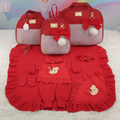 KIT BOLSA MATERNIDADE 3 PEÇAS CHEVRON VERMELHO + SAIDA MATERNIDADE MENINA - Let Baby Bolsas De Maternidade