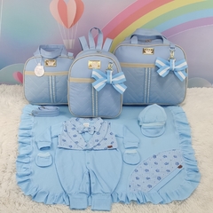 KIT BOLSA MATERNIDADE 3 PEÇAS LAÇO AZUL + SAIDA MATERNIDADE MENINO